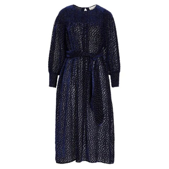 💕THE GREAT💕 The Merry Dress ~ Navy Blue Velvet Burnout Polka Dot Midi M NWT - Picture 8 of 16